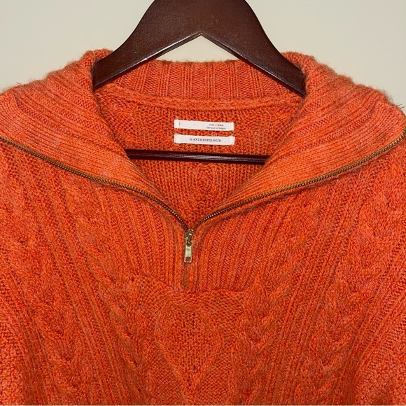 Anthropologie Orange Cable Knit Mock Neck Sweater S 1/4 Zip Pullover Very Soft - Picture 5 of 6